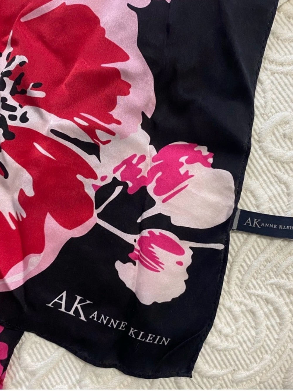 Anne Klein Black Silk Scarf with Pink & Red Floral Print - Picture 2 of 2